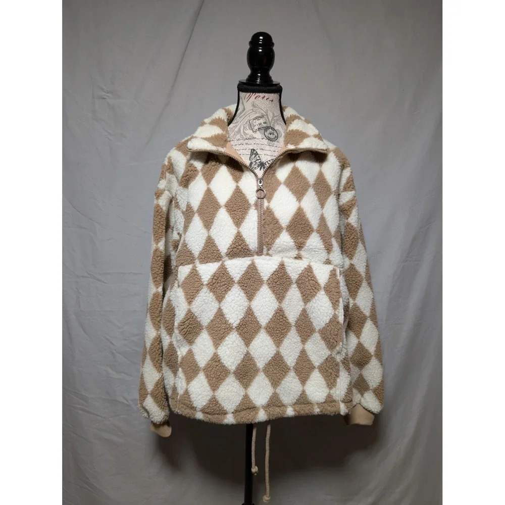 Easel Tan White Argyle Diamond Zip Sherpa Teddy Fleece Pullover Women's‎ Small